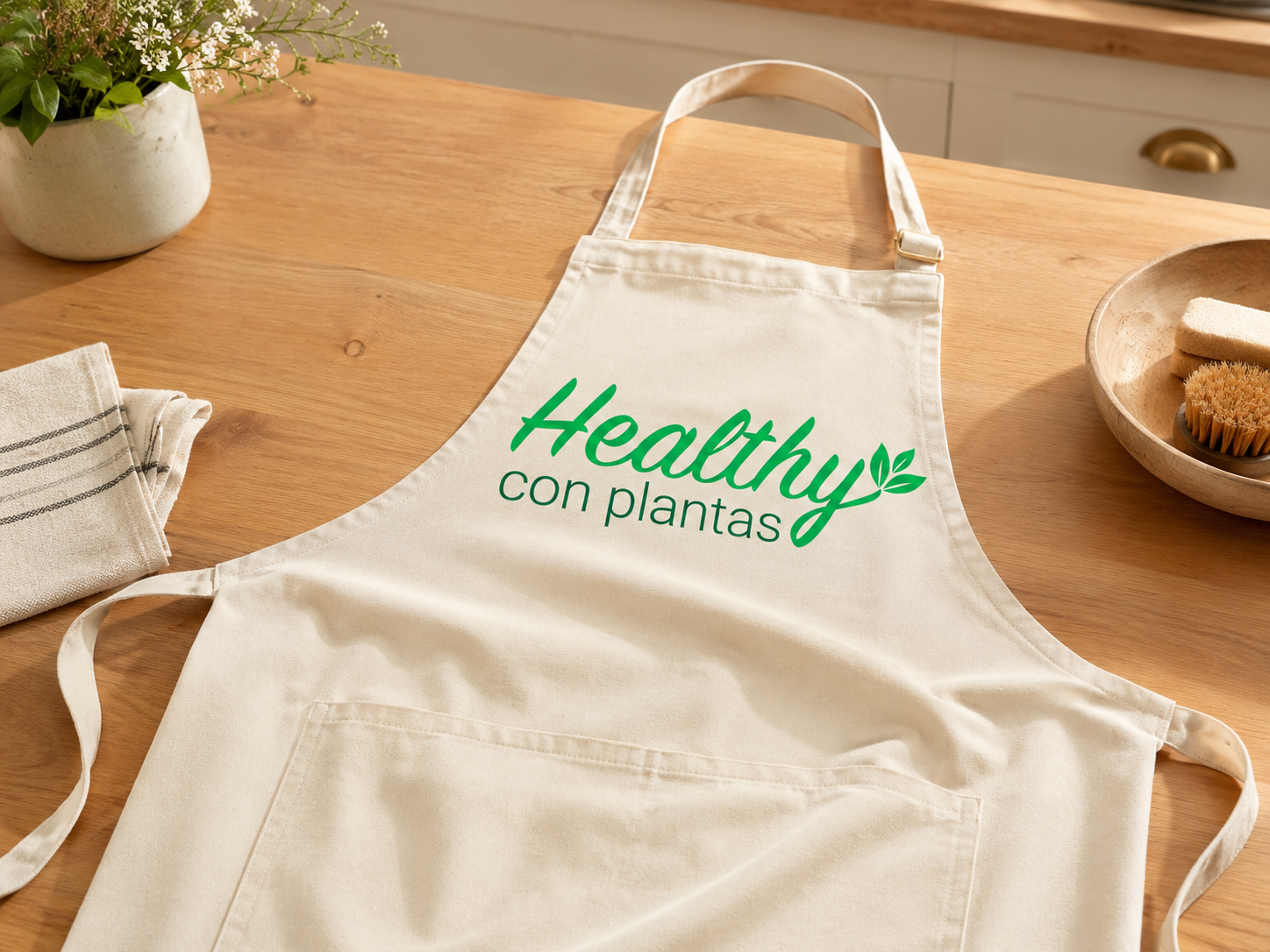 Delantal con el logo de Healthy con Plantas sobre una mesa de cocina