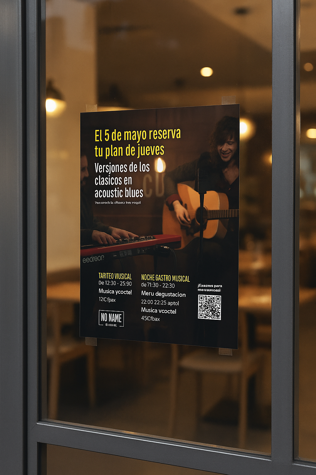 Cartel de evento musical en el escaparate del restaurante No Name